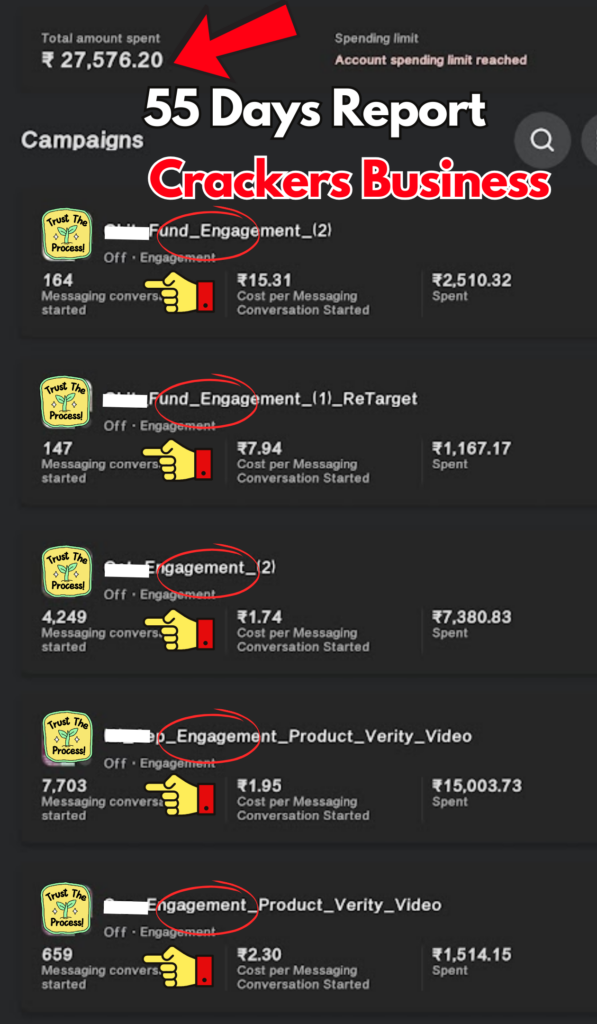 58 days report for Cracker Business, Engagement Campaign, whatsapp enquiry increase report